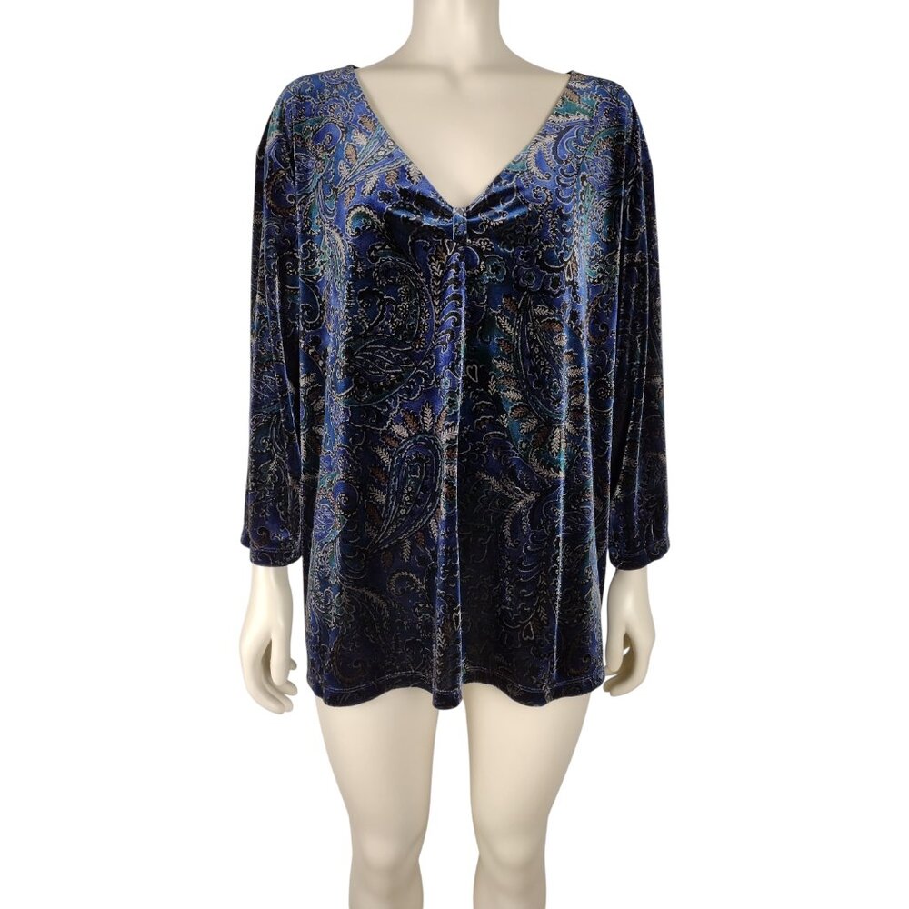 Covington Multicolored Paisley Velour V Neck Bracelet Sleeve Blouse Size 20-22W